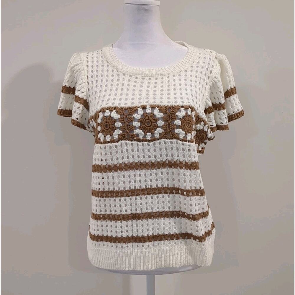 Hem & Thread Women L Boho Crochet Sweater Flutter Short Sleeve Romantic